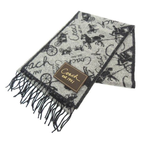 COACH CASHMERE BLEND SIGNATURE PRINT REVERSIBLE TASSLE SCARF PREPPY CLASSIC COZY - Picture 1 of 5